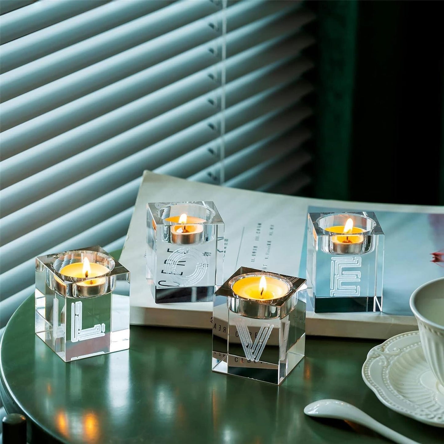 Sziqiqi 4Pcs Crystal Tea Light Candle Holders, Clear Glass love gift present