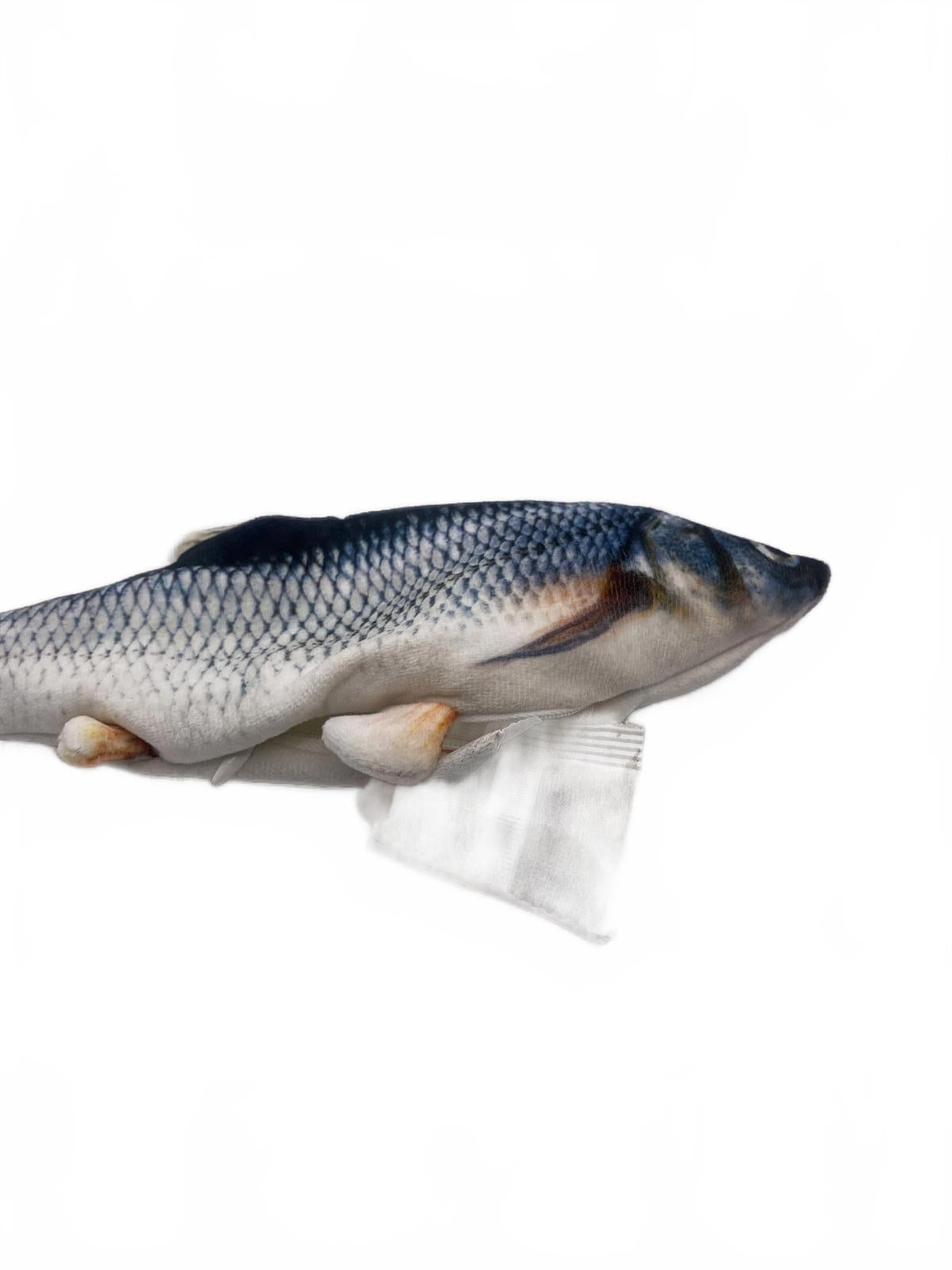 Floppy fish soft cat toy with cat nip sachet 29cm long, zip underneath to add cat nip