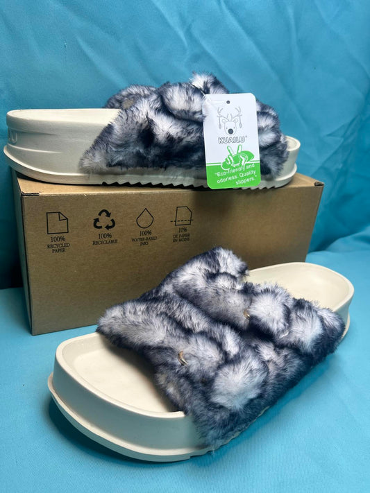 Women's Fluff Slippers Arch Support Platform Open Toe Faux Fur Sliders size 8 1414