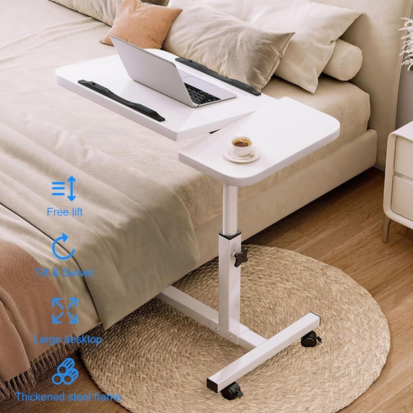 Overbed Table with Wheels Height Angle Adjustable Mobile Coffee Tea Table Laptop