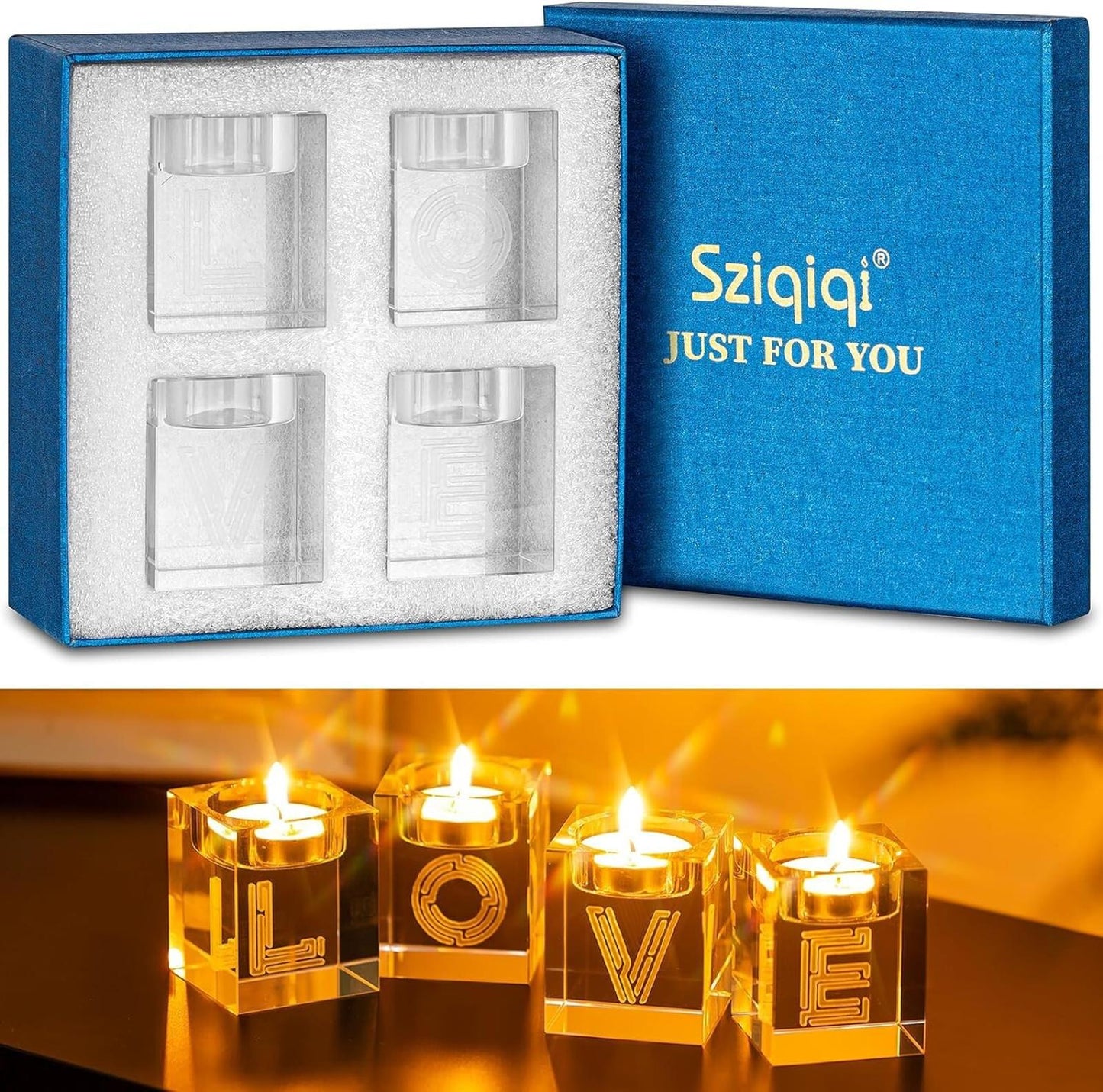 Sziqiqi 4Pcs Crystal Tea Light Candle Holders, Clear Glass love gift present