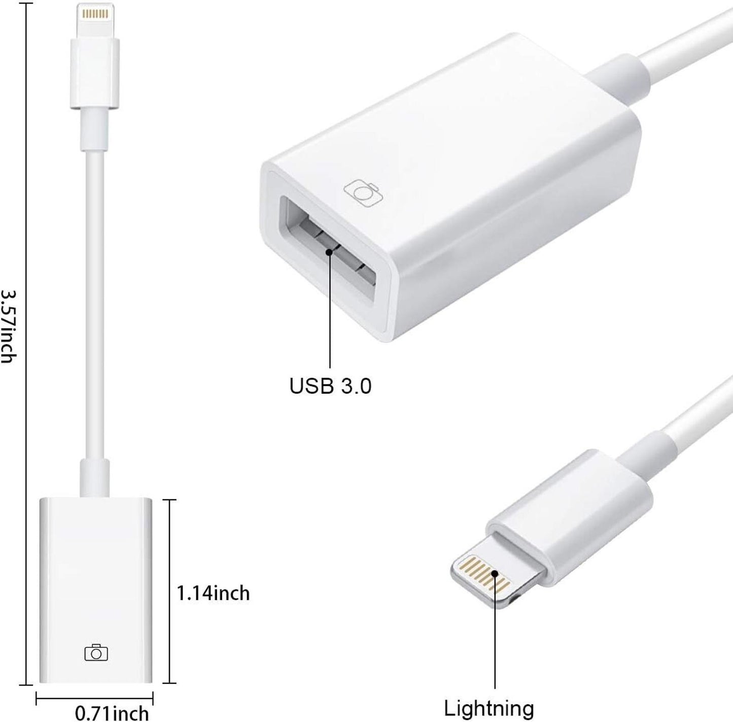Lightning to USB Camera Adapter iPhone iPad Photo Transfer Connector Cable
