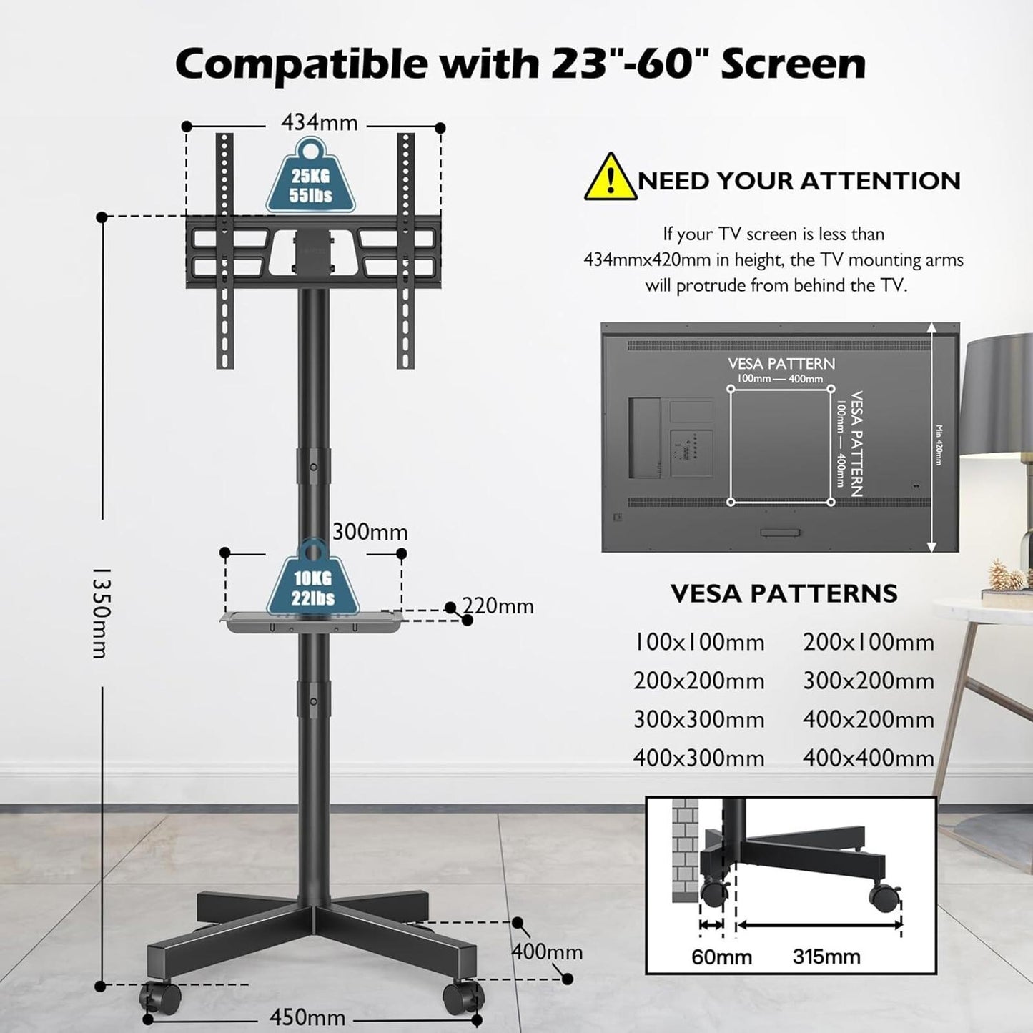 Mobile TV Stand on Wheels Tilt Rolling Up to 25KG VESA 400x400mm 23-60 inch