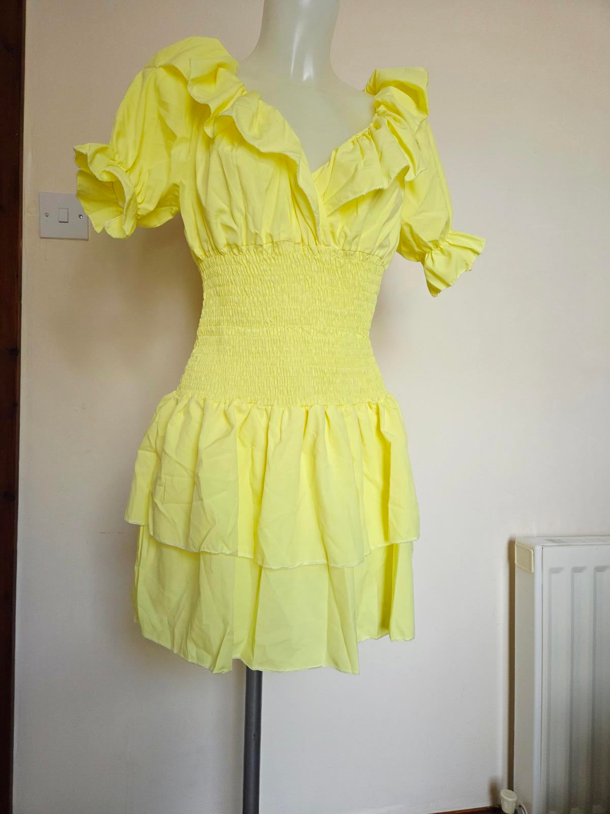 Yellow puffy layered electicated Dress 2066