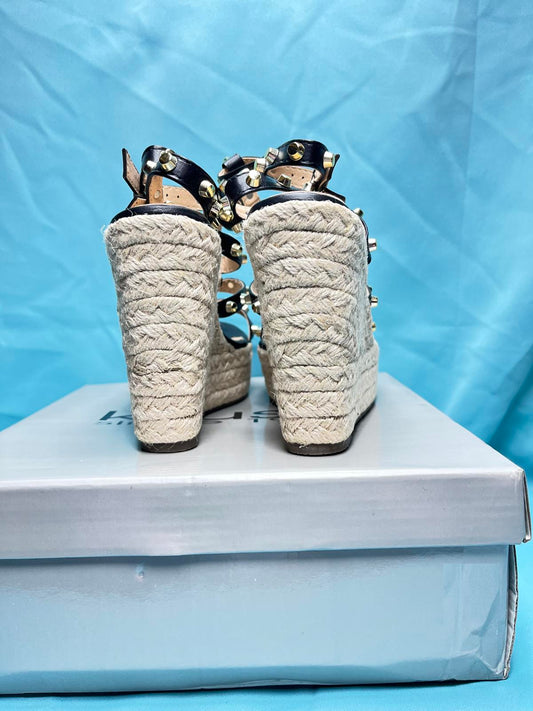 Woman's size 6 Black open toe wedges with gold studs 1388