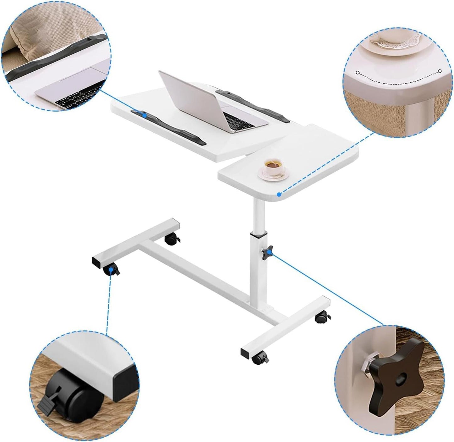 Overbed Table with Wheels Height Angle Adjustable Mobile Coffee Tea Table Laptop