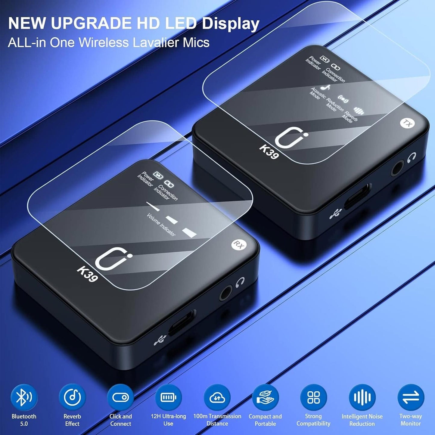 JYX K39 Wireless Lavalier Microphones for iOS and Android, 2.4GHz, Black, New.