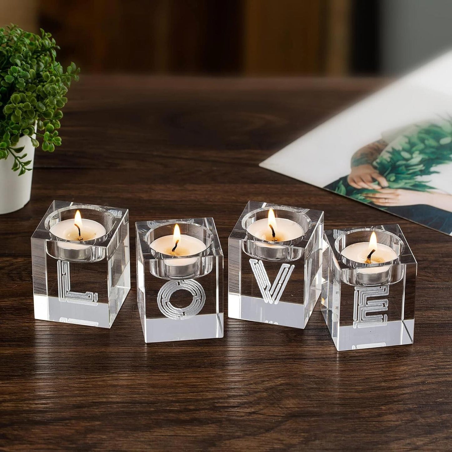 Sziqiqi 4Pcs Crystal Tea Light Candle Holders, Clear Glass love gift present