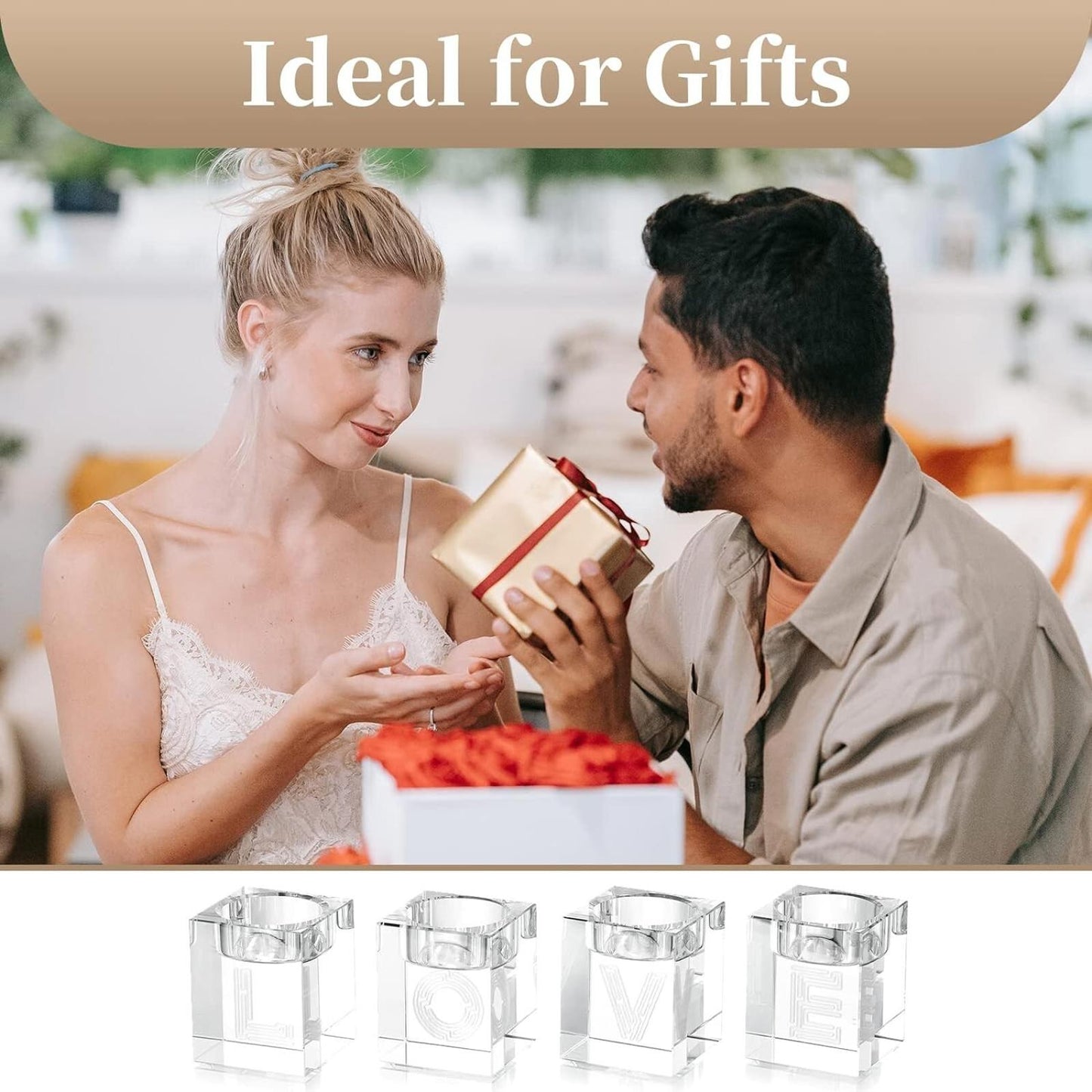 Sziqiqi 4Pcs Crystal Tea Light Candle Holders, Clear Glass love gift present