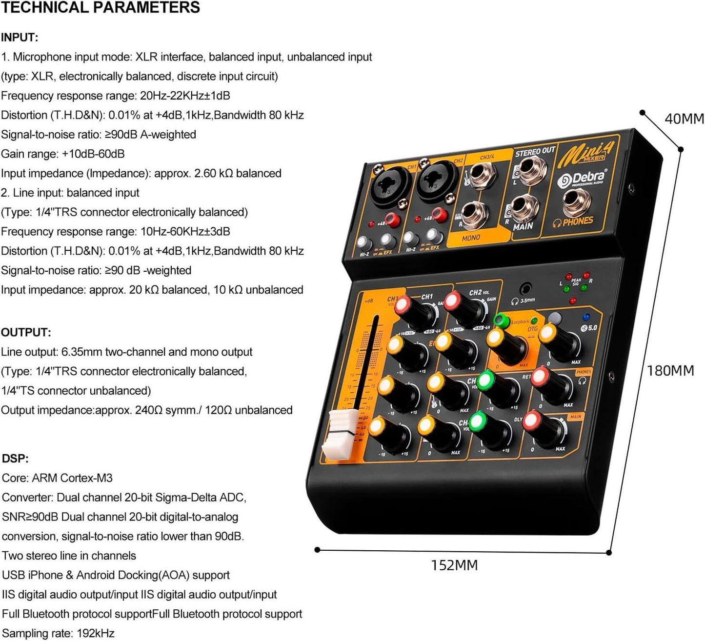 Audio Mixer Mini4 Professional Sound Streaming,4 Channel Bluetooth 48V