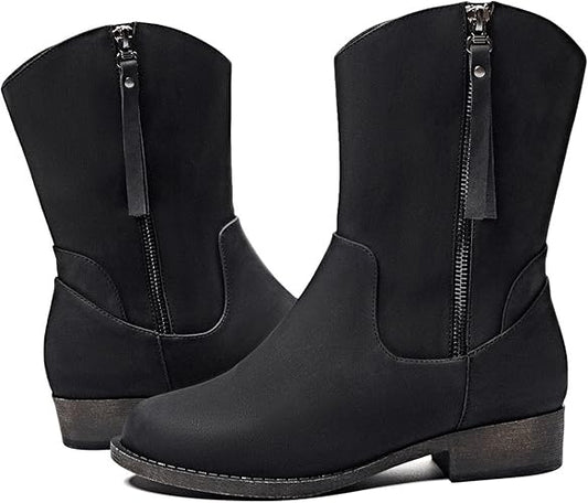 Veittes Women's Mid-Calf Cowboy Cowgirl Boots with Low Chunky Heel, Side Zipper, Classic Round Toe, Motorcycle Style, Fashion Western Boots.