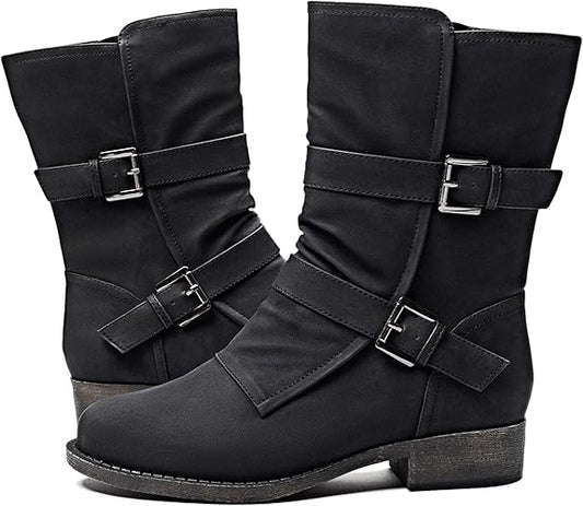 Veittes Women's Mid-Calf Cowboy Cowgirl Boots with Low Chunky Heel, Side Zipper, Classic Round Toe, Motorcycle Style, Fashion Western Boots.