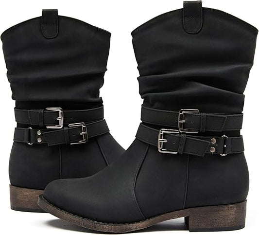 Ataiwee Women's Mid-Calf Cowboy Cowgirl Boots with Low Chunky Heel, Side Zipper, Motorcycle Style, Classic Round Toe,Fashion Western (Black/Dark Brown/Grey) Boots.