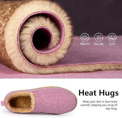 MERRIMAC Women's Faux Felt Slippers Closed-back Warm Comfy Non-slip Memory Foam Indoor House Shoes with Elastic Gores size 7-8