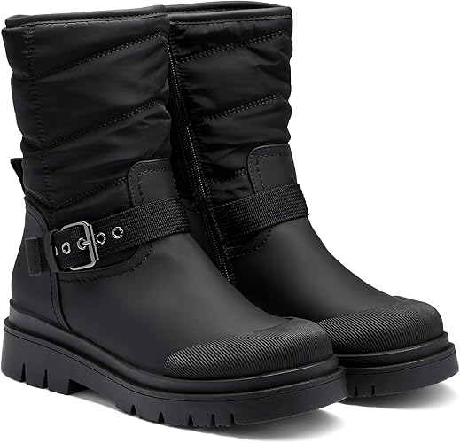 DREAM PAIRS Women's Snow Boots, Smooth PU Thick Sole with Strap Trim on The RIST