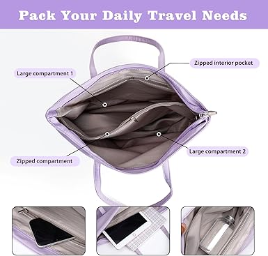 Pangogogo Mauve Nylon Tote Bag - Waterproof Women's Totes - 5 Compartments Tote Bags for Women for Work and Shopping