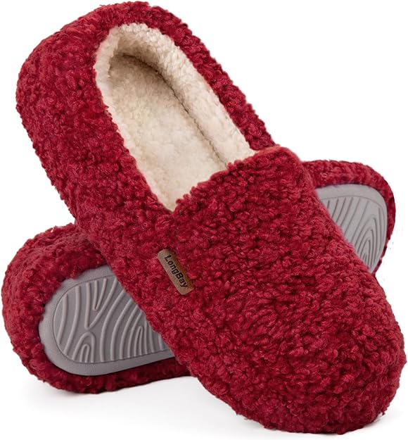 LongBay Women's Fuzzy Full Slippers Memory Foam Warm Winter House Shoes for Ladies Anti-Slip Indoor Rubber Sole