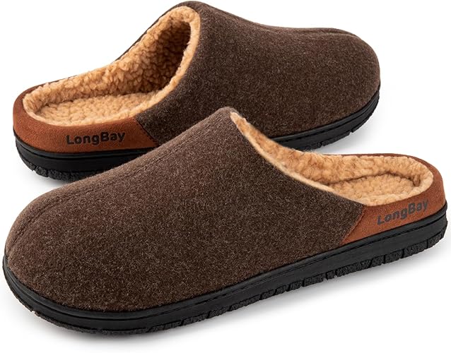 LongBay Men's Wool-Like Slippers Warm Memory Foam House Shoes with Soft Sherpa Lining for Indoor Outdoor