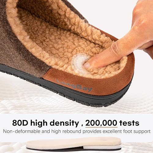 LongBay Men's Wool-Like Slippers Warm Memory Foam House Shoes with Soft Sherpa Lining for Indoor Outdoor