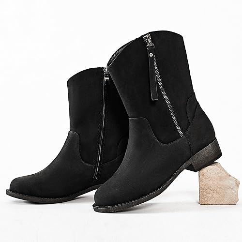 Veittes Women's Mid-Calf Cowboy Cowgirl Boots with Low Chunky Heel, Side Zipper, Classic Round Toe, Motorcycle Style, Fashion Western Boots.
