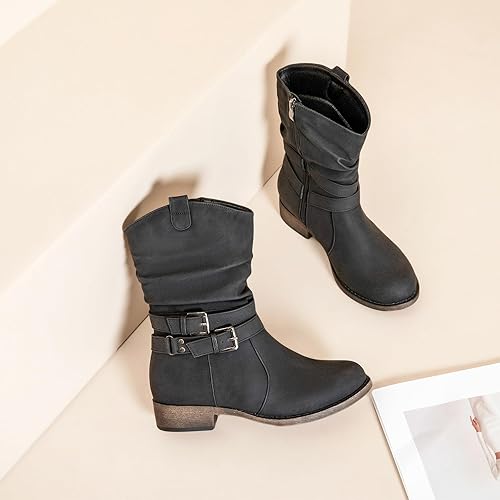 Ataiwee Women's Mid-Calf Cowboy Cowgirl Boots with Low Chunky Heel, Side Zipper, Motorcycle Style, Classic Round Toe,Fashion Western (Black/Dark Brown/Grey) Boots. size 7.5