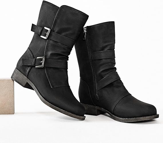 Veittes Women's Mid-Calf Cowboy Cowgirl Boots with Low Chunky Heel, Side Zipper, Classic Round Toe, Motorcycle Style, Fashion Western Boots.