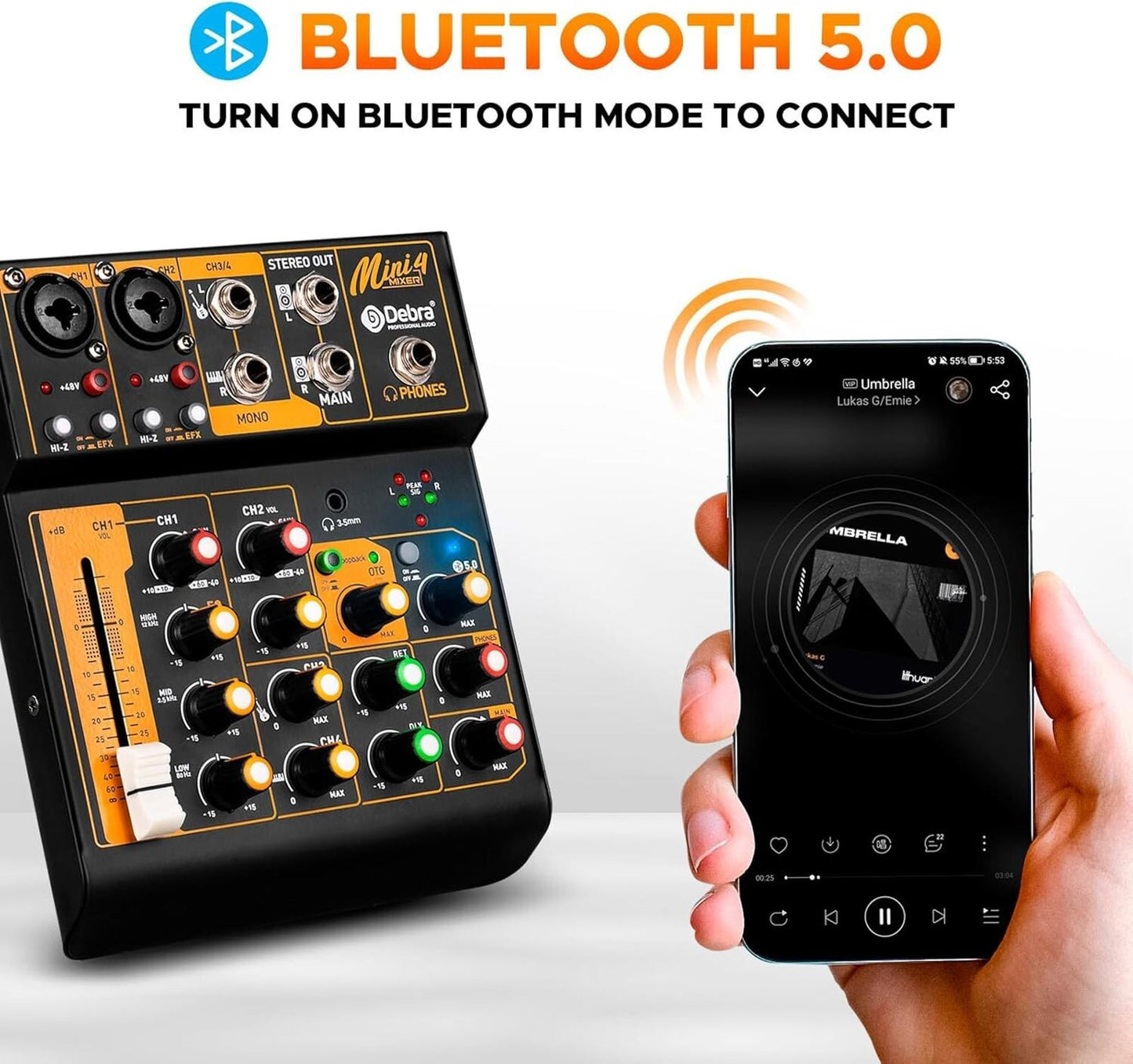 Audio Mixer Mini4 Professional Sound Streaming,4 Channel Bluetooth 48V