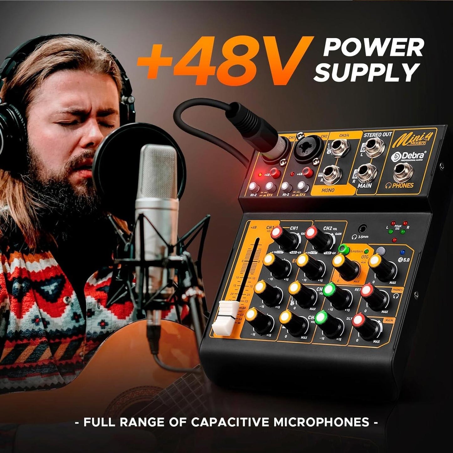 Audio Mixer Mini4 Professional Sound Streaming,4 Channel Bluetooth 48V