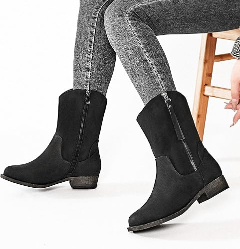 Veittes Women's Mid-Calf Cowboy Cowgirl Boots with Low Chunky Heel, Side Zipper, Classic Round Toe, Motorcycle Style, Fashion Western Boots.
