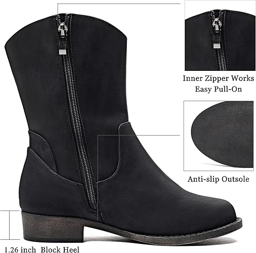 Veittes Women's Mid-Calf Cowboy Cowgirl Boots with Low Chunky Heel, Side Zipper, Classic Round Toe, Motorcycle Style, Fashion Western Boots.