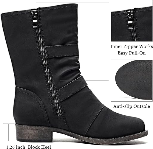 Veittes Women's Mid-Calf Cowboy Cowgirl Boots with Low Chunky Heel, Side Zipper, Classic Round Toe, Motorcycle Style, Fashion Western Boots.