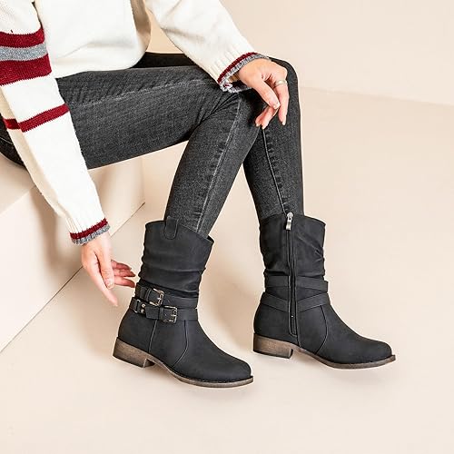 Ataiwee Women's Mid-Calf Cowboy Cowgirl Boots with Low Chunky Heel, Side Zipper, Motorcycle Style, Classic Round Toe,Fashion Western (Black/Dark Brown/Grey) Boots. size 7.5