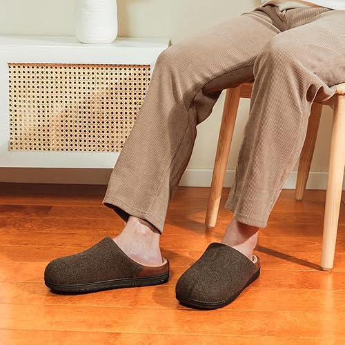 LongBay Men's Wool-Like Slippers Warm Memory Foam House Shoes with Soft Sherpa Lining for Indoor Outdoor