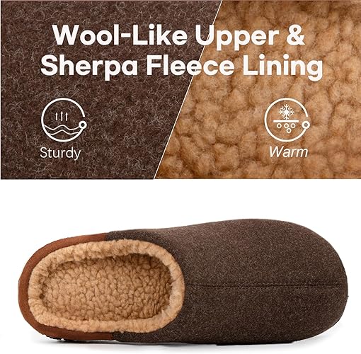 LongBay Men's Wool-Like Slippers Warm Memory Foam House Shoes with Soft Sherpa Lining for Indoor Outdoor