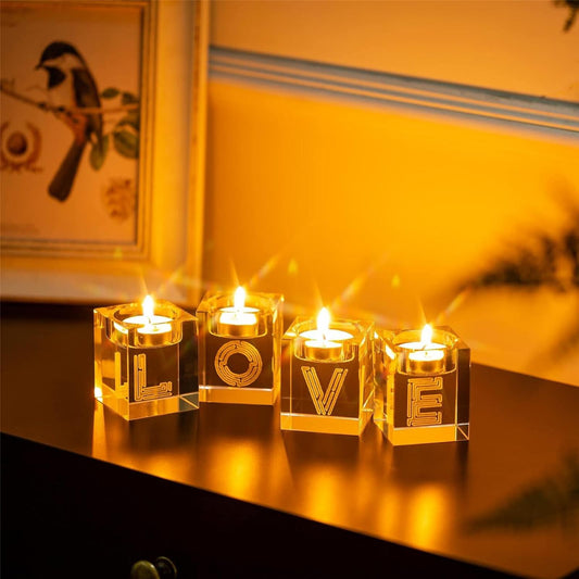 Sziqiqi 4Pcs Crystal Tea Light Candle Holders, Clear Glass love gift present