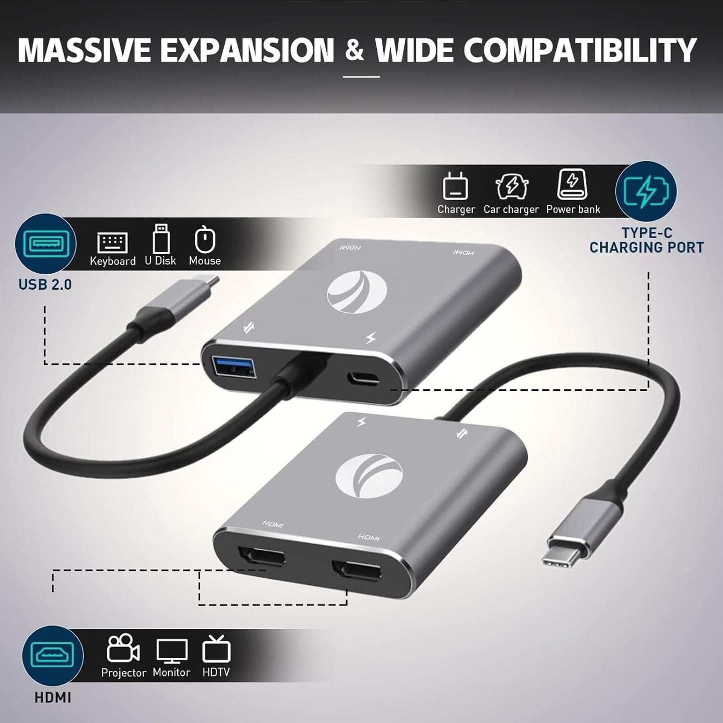 VCOM USB C to Dual HDMI Adapter MST, 4K@60Hz and Dual 4K@30Hz 100W PD