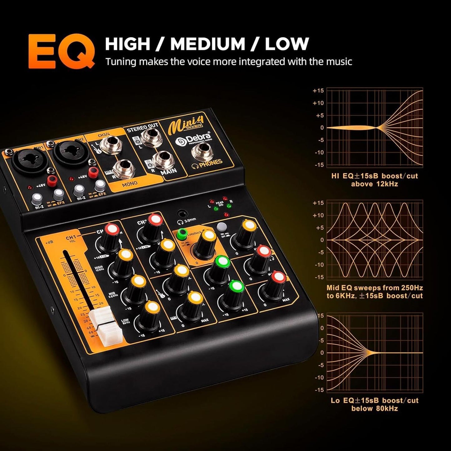 Audio Mixer Mini4 Professional Sound Streaming,4 Channel Bluetooth 48V