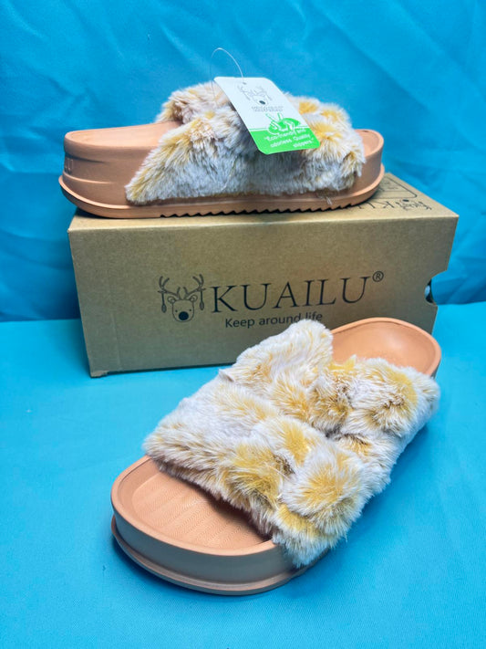 Women's Fluff Slippers Arch Support Platform Open Toe Faux Fur Sliders size 6 1412
