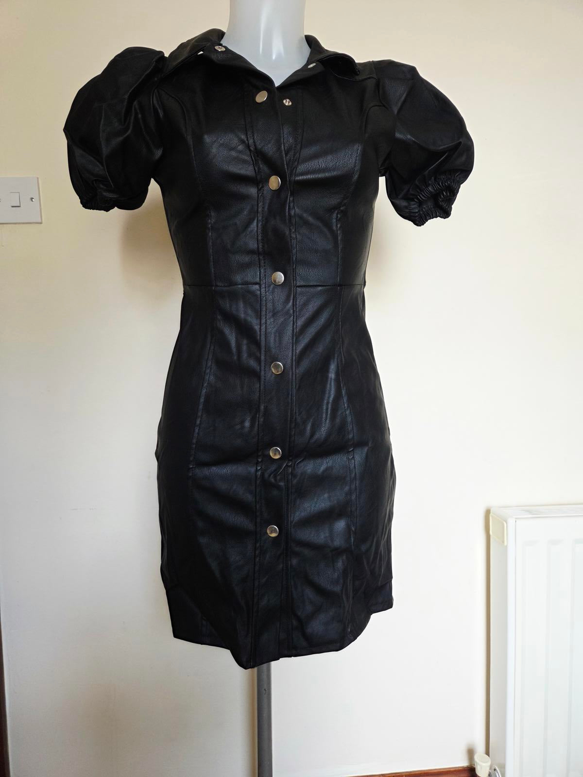 Leather look like press button black dress 2036