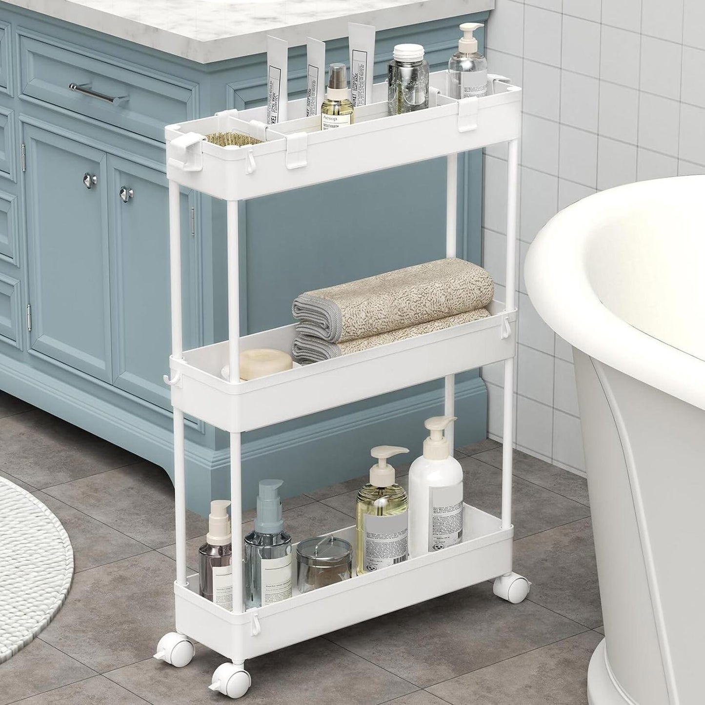 SPACEKEEPER Storage Trolley 3-Tier Rolling Utility Cart Organization, White, New