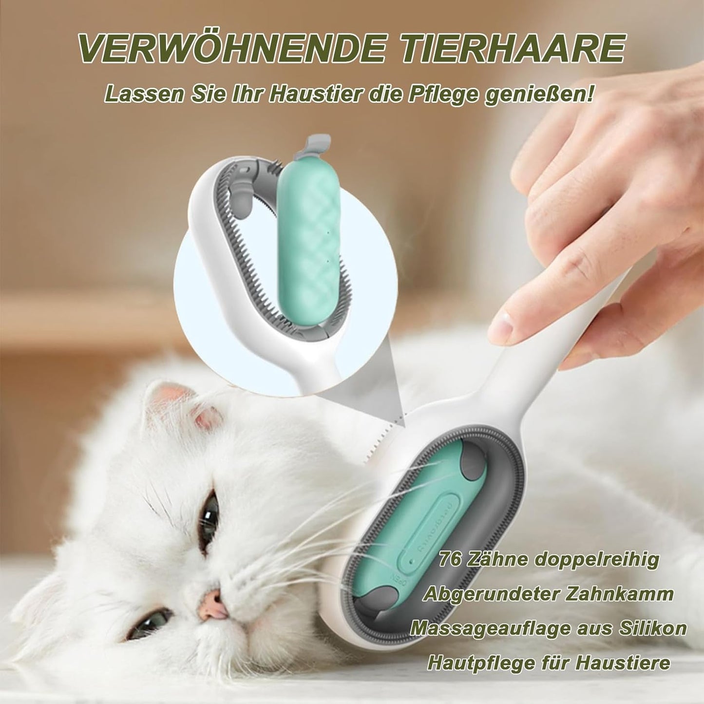 Pet Hair Removal Comb with Water Tank, Cat Brush, Dog Brush, Long Hair with Water Cleaning Brush for Pet Hair, Multifunctional Pet Hair Remover Brush, 3-in-1 (Long Hair, Blue Green)