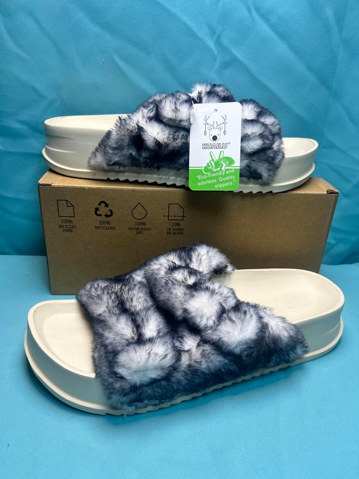 Women's Fluff Slippers Arch Support Platform Open Toe Faux Fur Sliders size 9 1415
