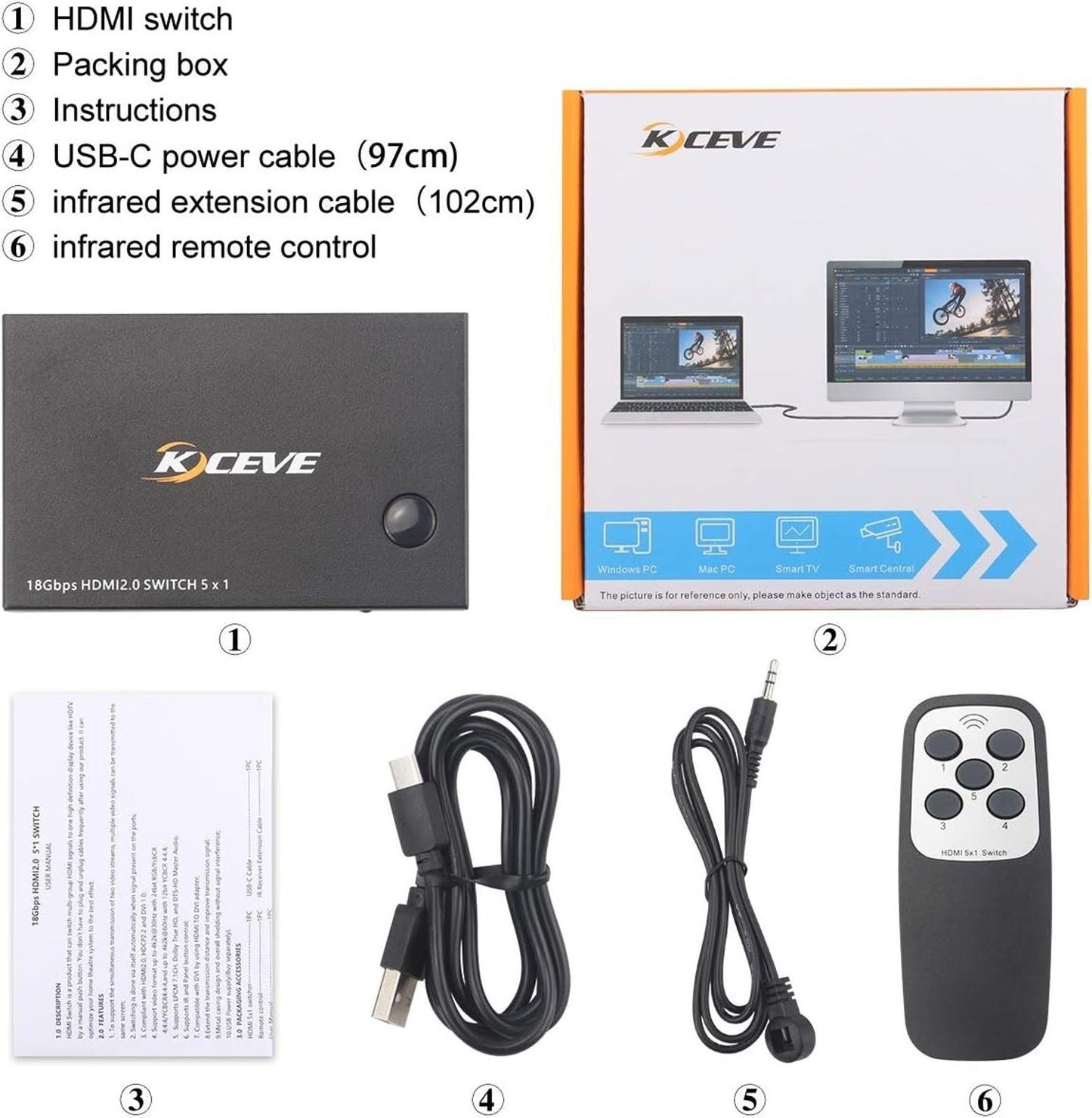 5 in 1 out Ports HDMI Switch 4K@60Hz HDMI 2.0 Remote HDR HDCP2.2 3D 1080P