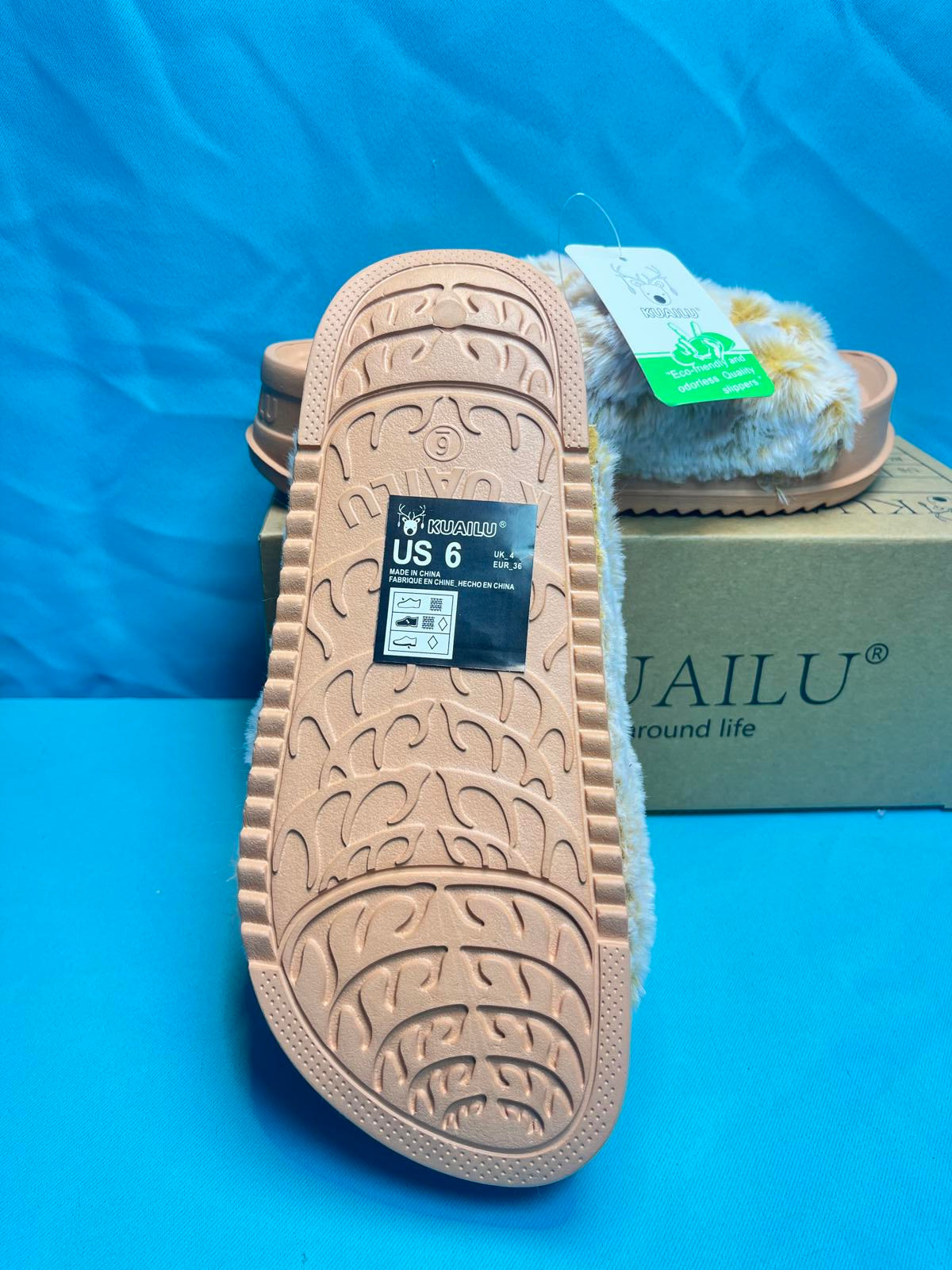 Women's Fluff Slippers Arch Support Platform Open Toe Faux Fur Sliders size 6 1412