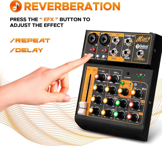 Audio Mixer Mini4 Professional Sound Streaming,4 Channel Bluetooth 48V