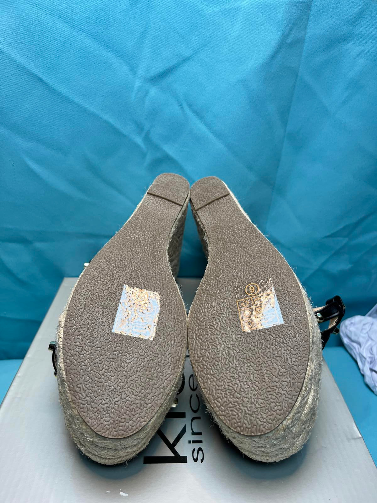 Woman's size 6 Black open toe wedges with gold studs 1388