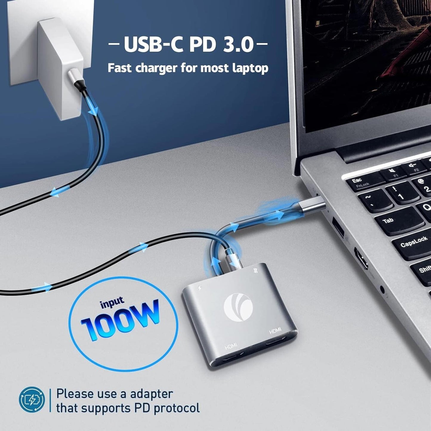 VCOM USB C to Dual HDMI Adapter MST, 4K@60Hz and Dual 4K@30Hz 100W PD