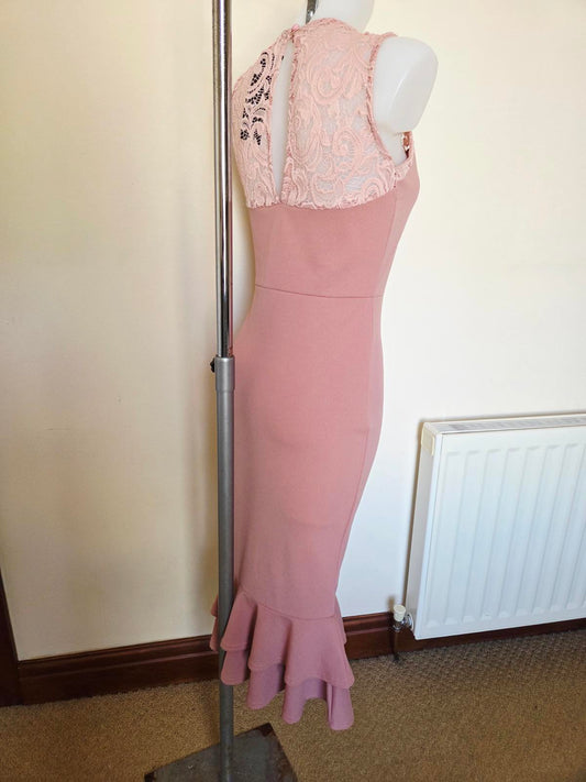 Long Pink Dress lace top with button and Frilly at the bottom 2042