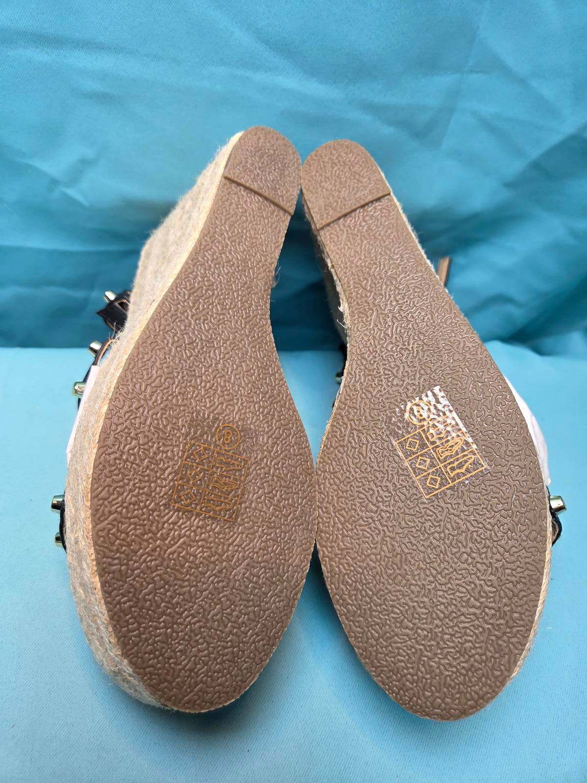 Woman's size 8 Black open toe wedges with gold studs 2092