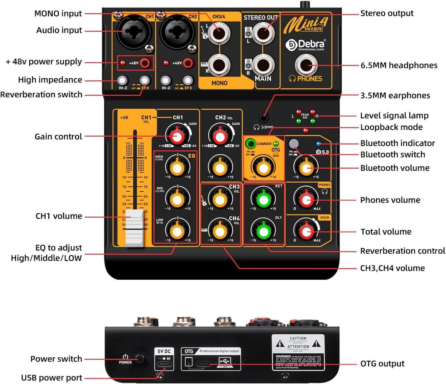 Audio Mixer Mini4 Professional Sound Streaming,4 Channel Bluetooth 48V